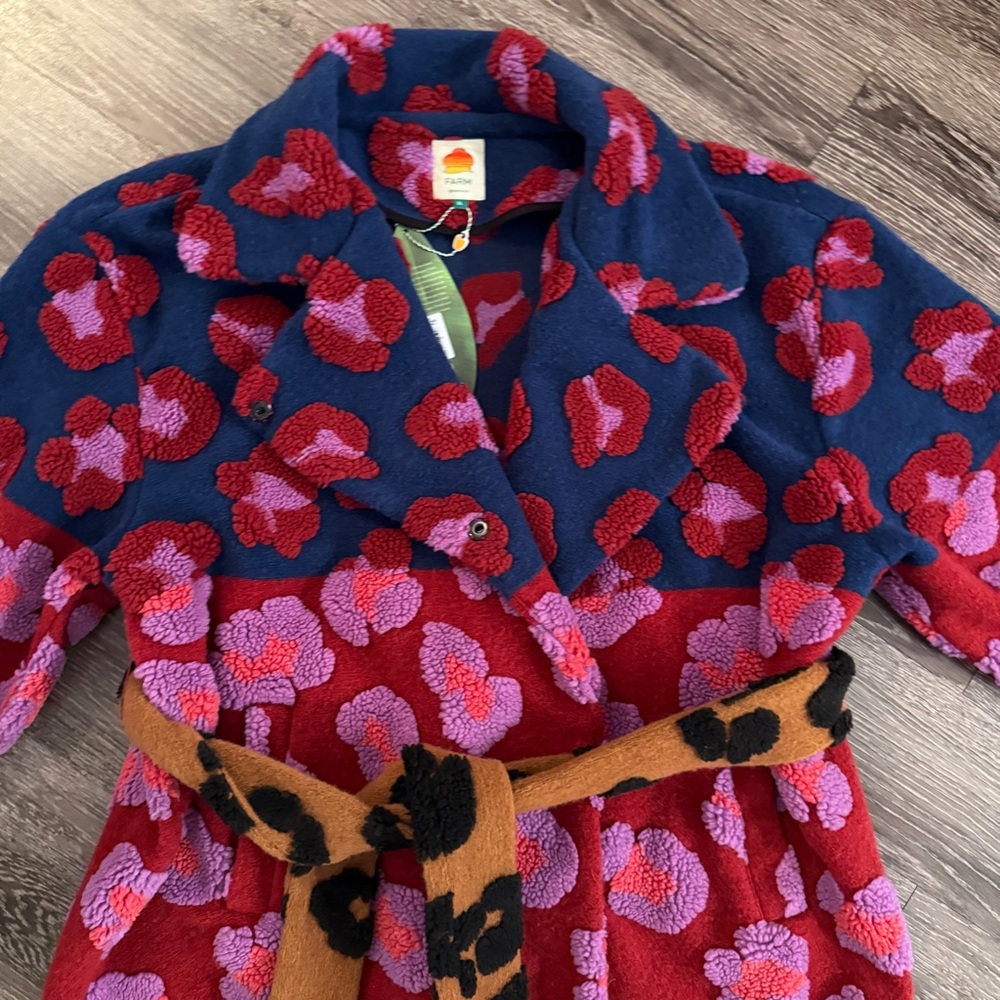 Farm Rio Mixed Leopards Fleece Belted Coat Jacket New - Picture 3 of 7
